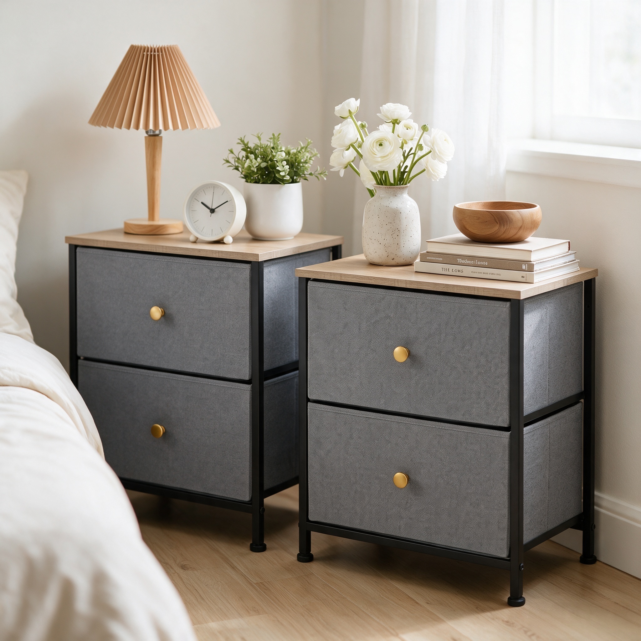 Double Drawer Bedside Table for Bedroom Living Room Storage