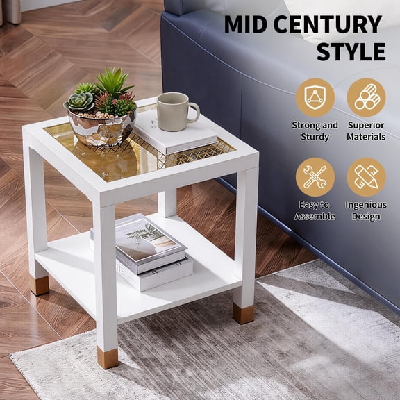Modern Glass End Table with Gold Mesh, 2-Tier Square Side Table for Living Room, Tempered Glass and Metal Nightstand, White