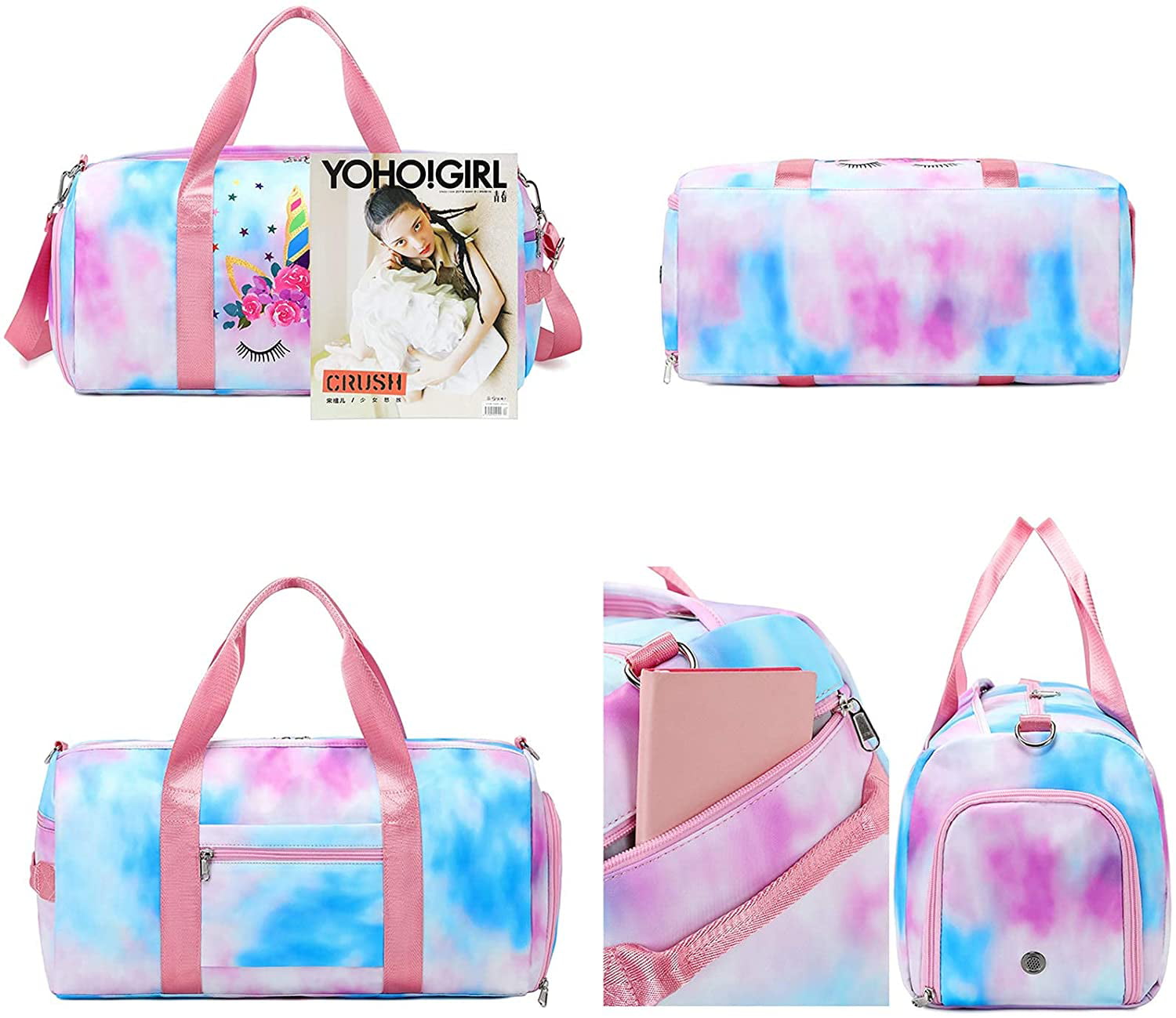 Tie Dye-Blue Duffle Bag for Girls Teen Sport Gym Bag Women Weekender Carry On Workout Duffel Overnight Shoulder Bag with Shoe Compartment 