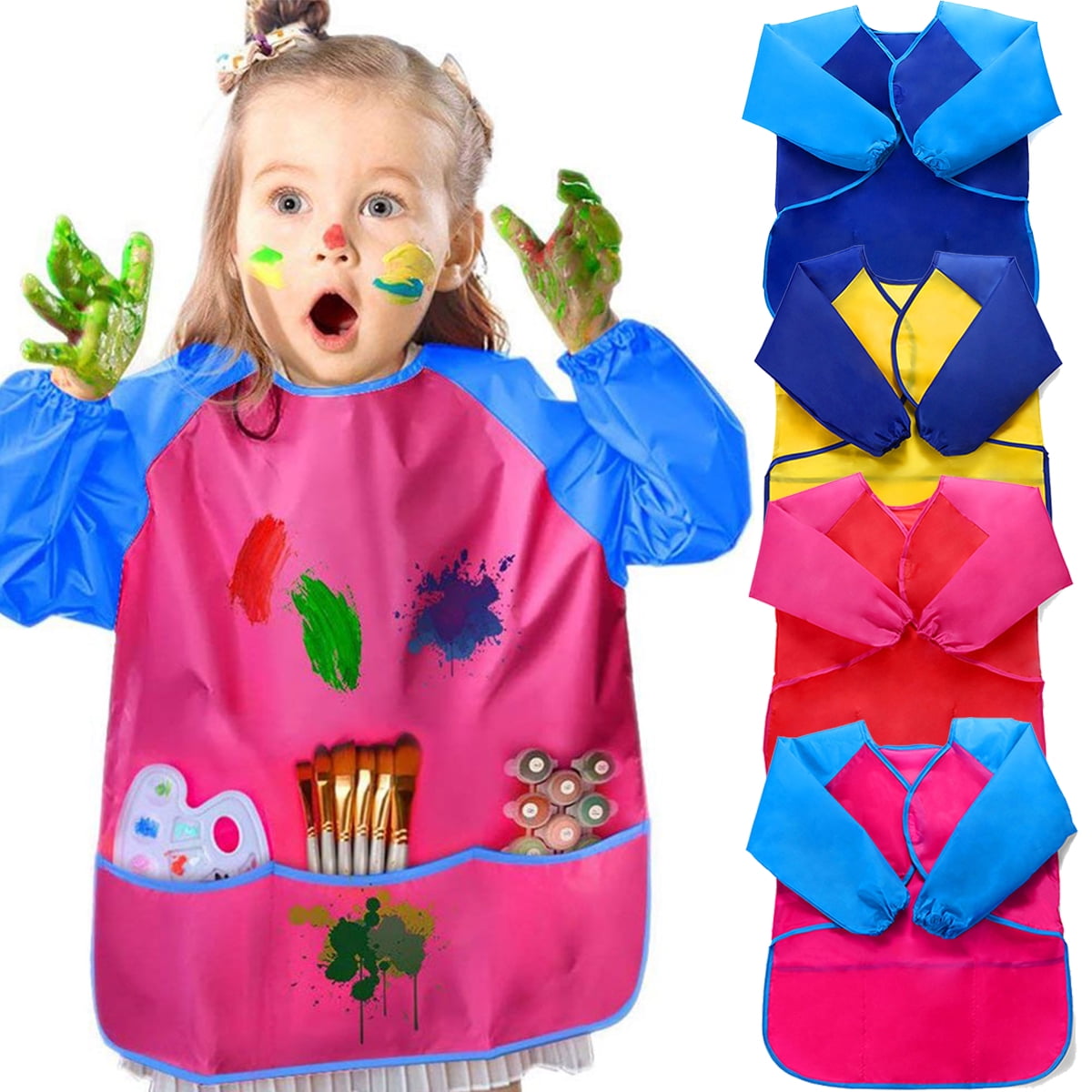 Pack of 2 Kids Art Smocks, Children Waterproof Artist Painting Aprons Long  Sleeve with 3 Pockets for Age 2-7 Years Gifts