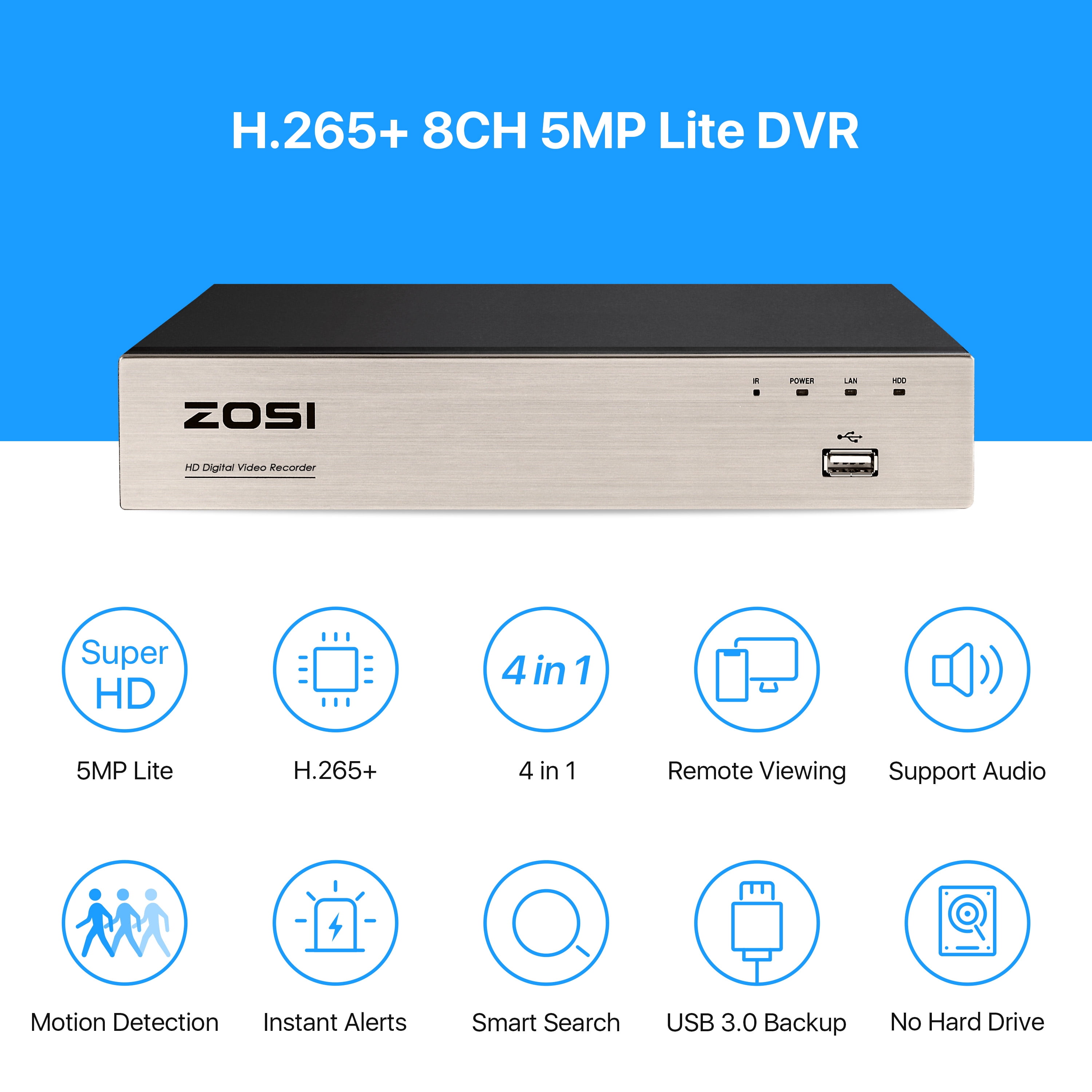 3K Lite Security Camera System, ZOSI 1080P H.265+ 8CH DVR Recorder with 4X HD 1080P Indoor Outdoor Weatherproof CCTV Security Cameras ,AI Human/Vehicle Detection, Motion Alert,Remote Access(No HDD)