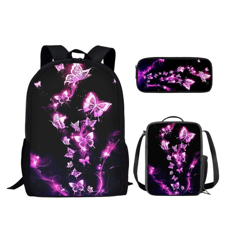 Binienty Women Backpack with Glowing Night Butterflies Lunch Box Girls Book Bags Ages 6-8 Elementary Middle School Bags Kids Lunchbag Insulated Tote