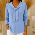 thumbnail image 2 of VISALY Bow Tie Collar Knit Sweater for Women Elegant Long Sleeve Ribbed Knit Pullover Sweater Soft Lightweight Office Dressy Casual Tunic Shirts Fall Trendy Business Casual Outfits Sky Blue 3Xl, 2 of 7