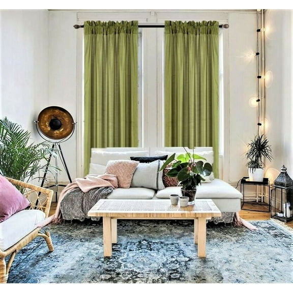 2 Pieces semi sheer lime green color faux silk see thru curtain textured panels window treatment with rod pocket privacy light filtering drapes for any room home décor