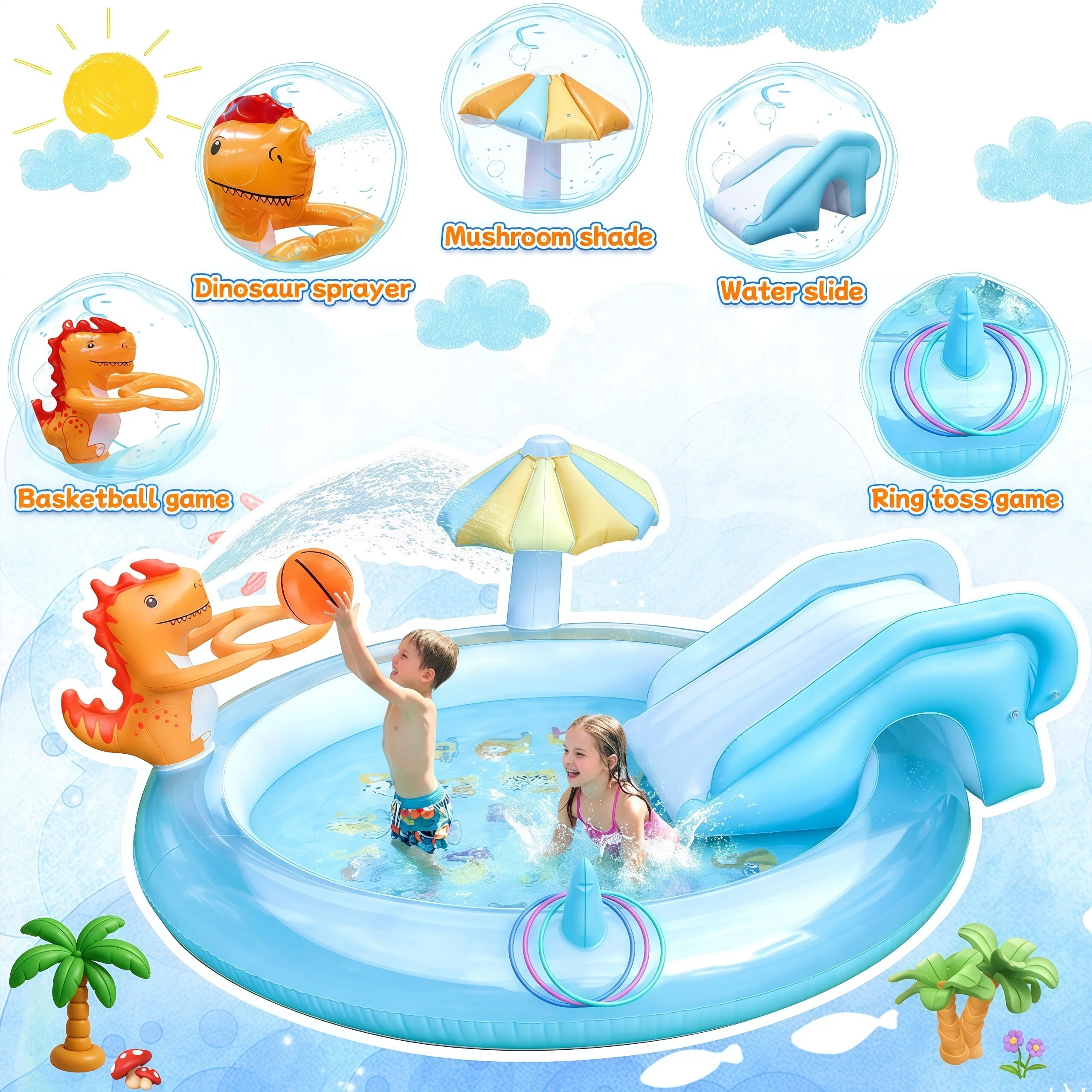 Teblint Dinosaur Inflatable Pool, 75" x 75" x 7.4" Sprinkler Swimming Pool, Spray Kiddie Pool, Play Center Water Toys for Backyard Lawn, Above Ground, Outdoor