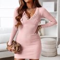 thumbnail image 2 of Women's Sexy V Neck Rib Knit Mini Dresses Button Long Sleeve Wrap Dress Casual Solid Color Fall Bodycon Party Dress, 2 of 6