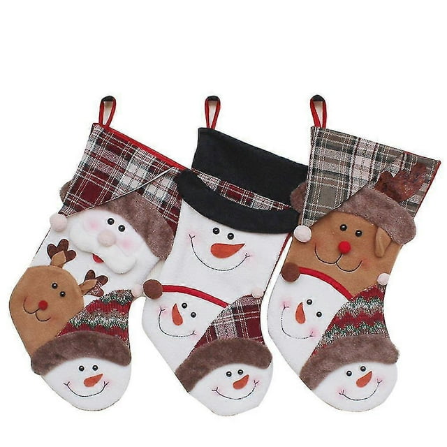 Christmas Stocking, Set Of 3 Santa, Snowman, Reindeer, Xmas Character Decorations & Party Accessory