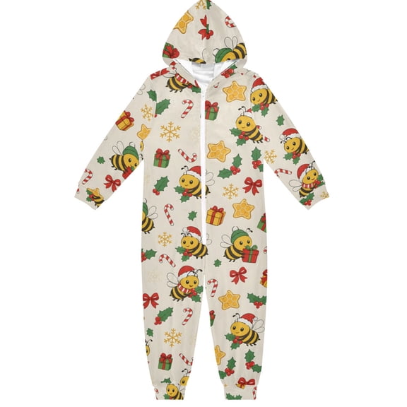 Bees Christmas Boys & Girls Hooded One-Piece Pajamas Warm Crystal velvet Hooded Long Sleeve Loungewear Jumpsuit Unisex