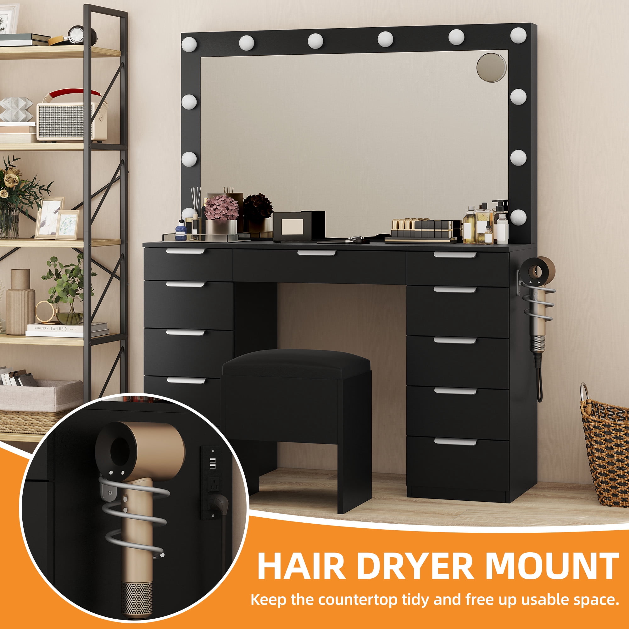 Uforic Vanity Desk with 12-Bulb Mirror, Charging Ports, 11 Drawers, Hair Dryer Holder, Storage Stool, White