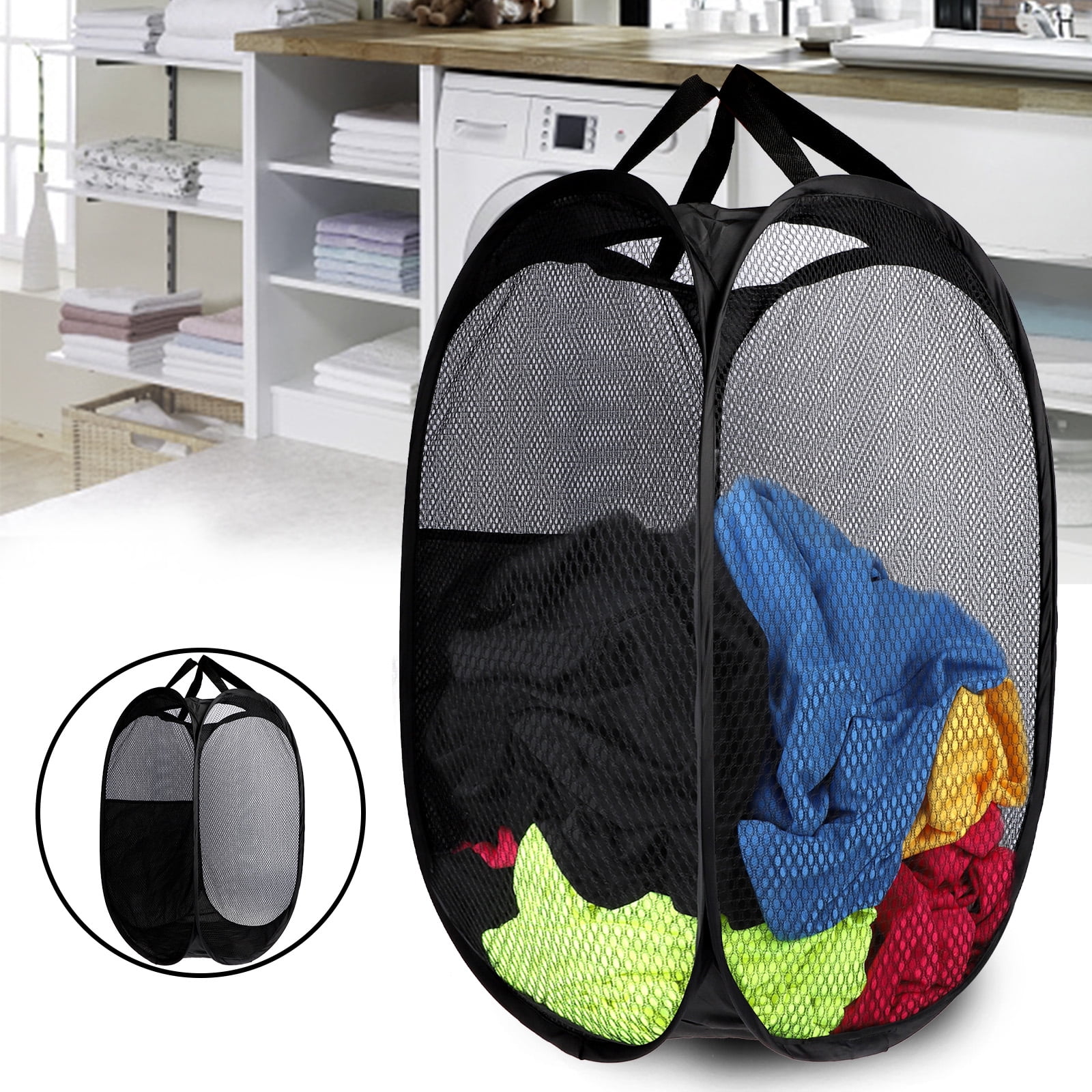 4 x Laundry Baskets Foldable Pop Up Mesh Washing Laundry Basket Bag Bin Hamper Toy Tidy Storage Organiser Organizer Black 