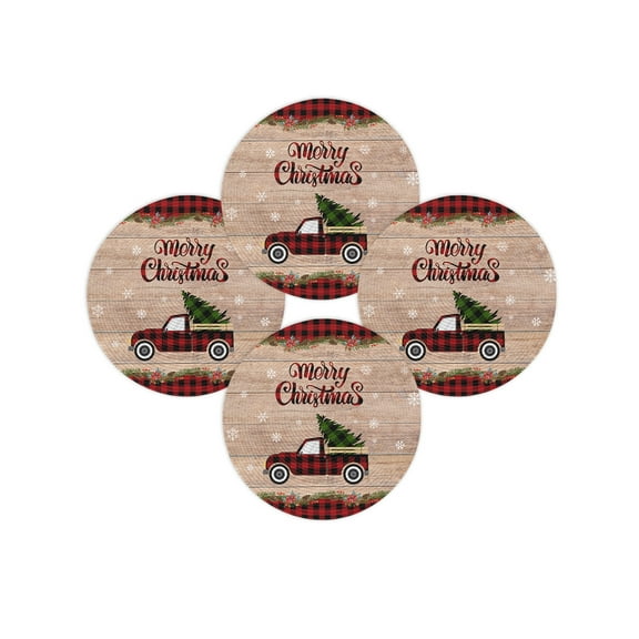 Christmas Round Placemats Set of 4 Truck PineTree Place Mats Washable Woven Placemat Snowflake Wood Grain Circle Braided Table Mat for Kitchen Dining Table Party Home Decor 15 Inch