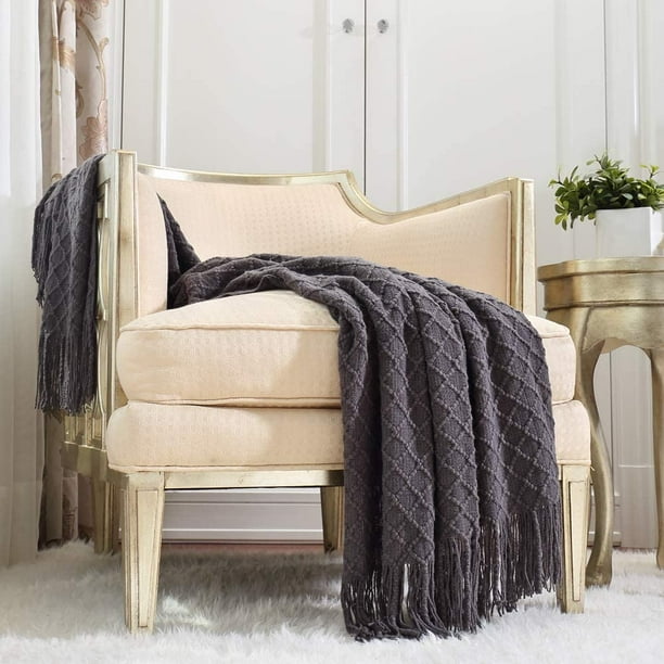 CREVENT Manta Decorativa de Punto para Sofá Silla Cama, Suave Transpirable Ligera para Primavera Verano (50''X60'' Gris Oscuro/Negro)