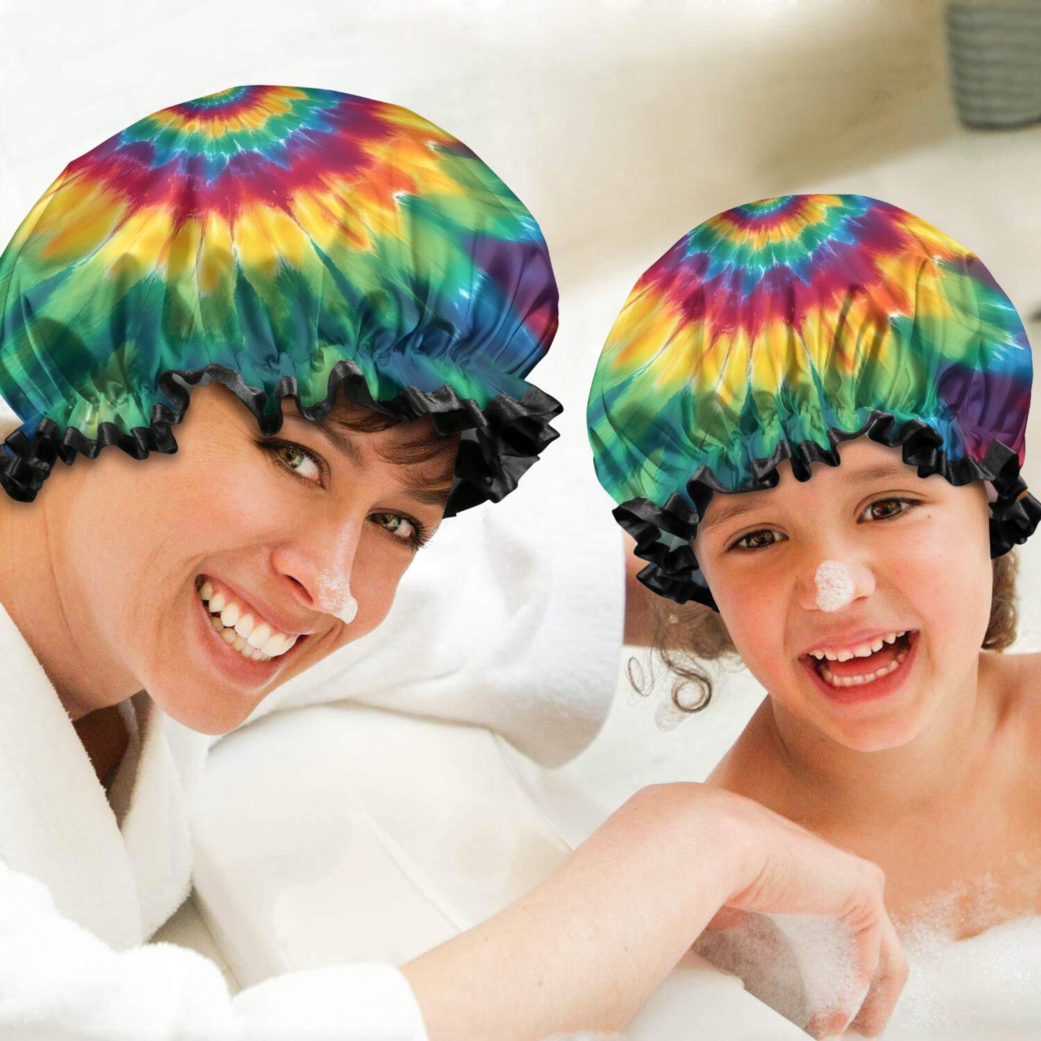 Shower Caps,Colorful Rainbow Tie Dye Spiral Pattern Waterproof Shower Cap for Women 4 Pieces,Double Reusable Hair Cover for Shower PEVA Elastic Stretch Hem