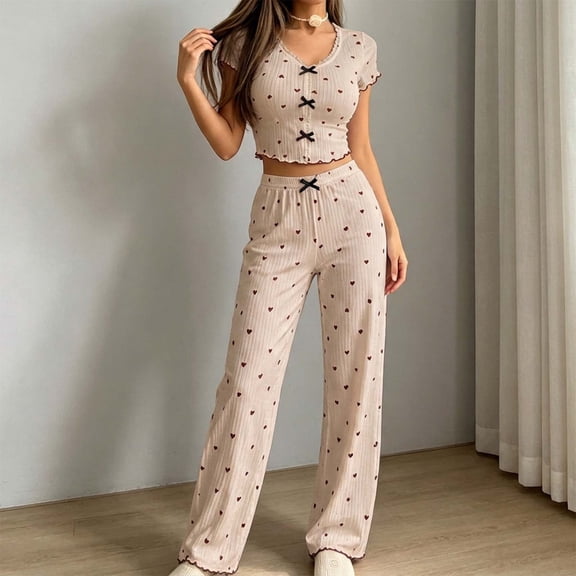 Muscularfit Womens Pjs Sexy Pajamas Sleepwear Sets Bamboo Pajamas Pjs Crew Neck Short Sleeve Straight-Leg Brown Full Soft Pajama Set for Women,M