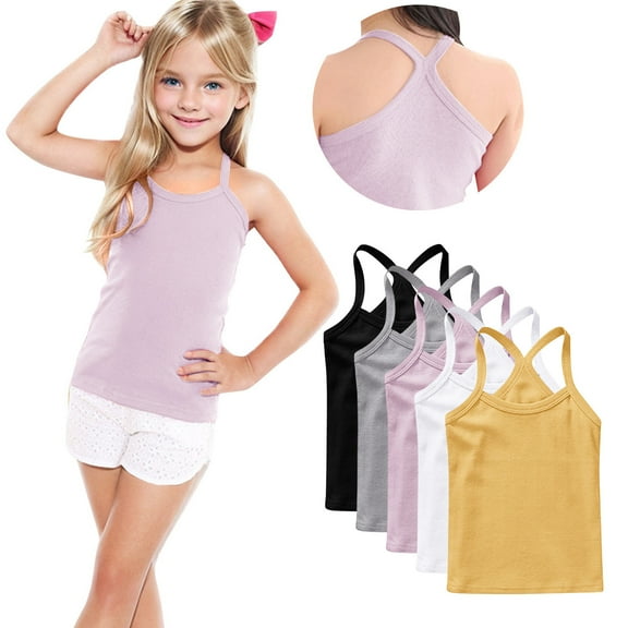 FamilyThread 5 Pack Girls Tank Tops Solid Sleeveless Undershirts Scoop Neck Undershirts Soft Tops For 1-13Y