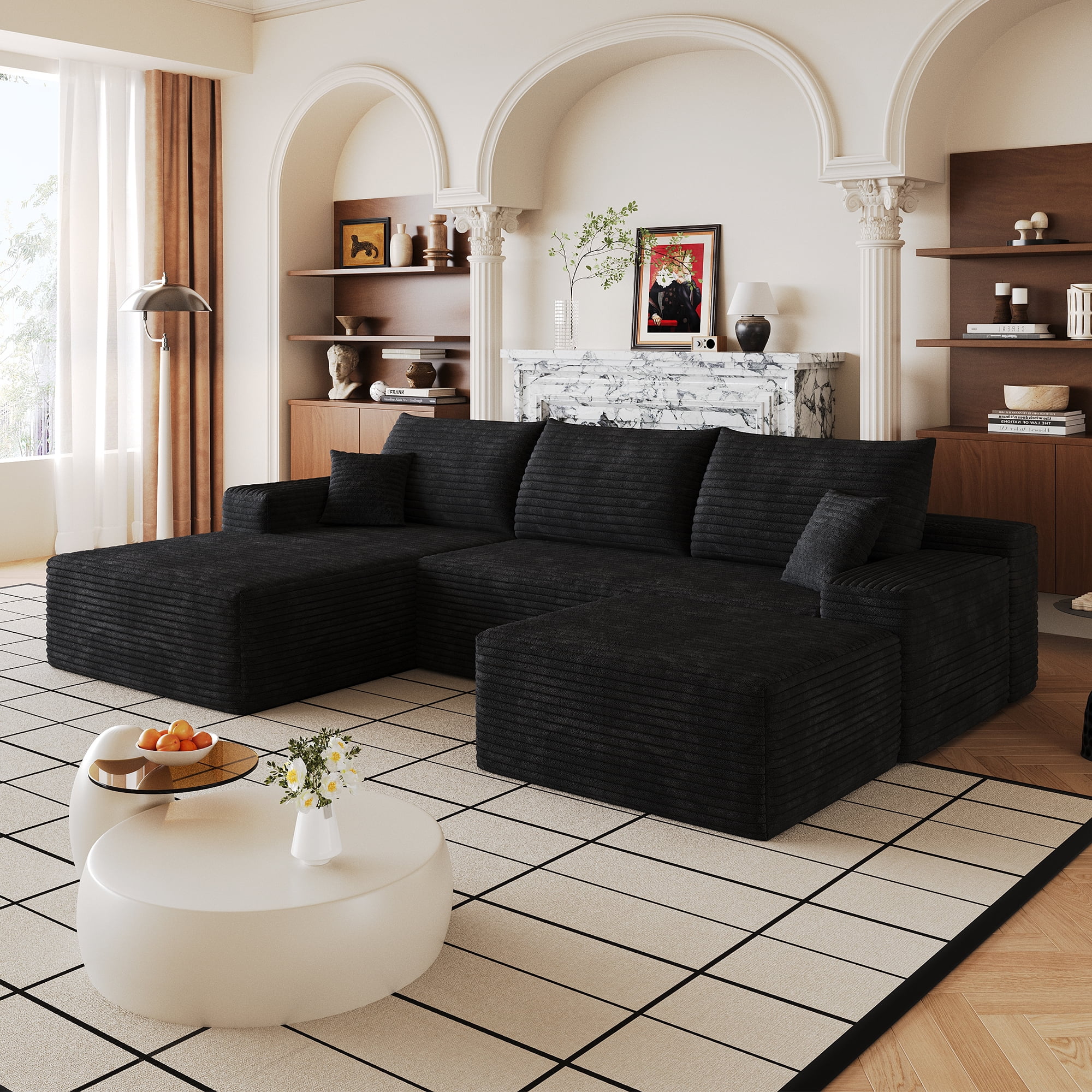 Cloud Sectional Sofa 107 Inch, U-Shaped Modular Couch with Ottoman and Corduroy Fabric, Deep Seat Corner Sofa for Living Room, No Assembly Required, Black