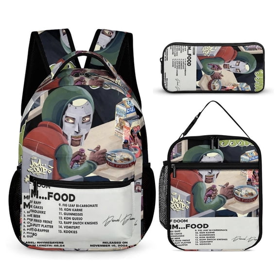 MF DOOM MM Food 3 PC Backpack Set Casual School Bag Daypack with Lunch Bag Outdoor Travel Large Capacity BagsOne Size