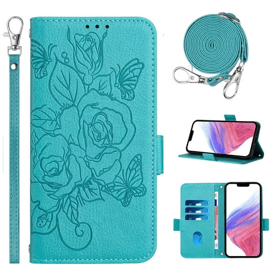Designed for iPhone 14 Pro Case Wallet, Women Flip Folio Cover with Embossed PU Leather Stand Credit Card Holders Slots Wrist Strap Shoulder Strap Phone Case, RFID Blocking, Blue