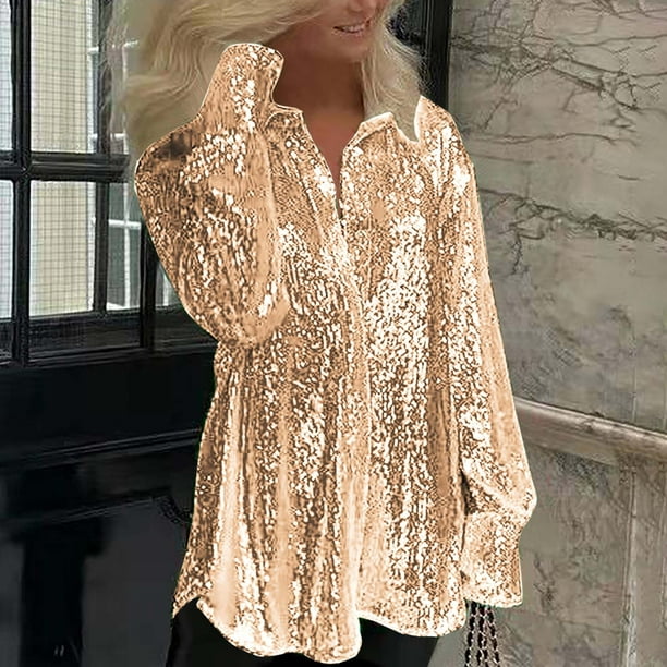 Women Long Sleeve Tops Clearance Women Trendy Loose Sequin Round-Neck Solid  Blouses Party Glitter Top Casual Shirts Rose Gold S JE 