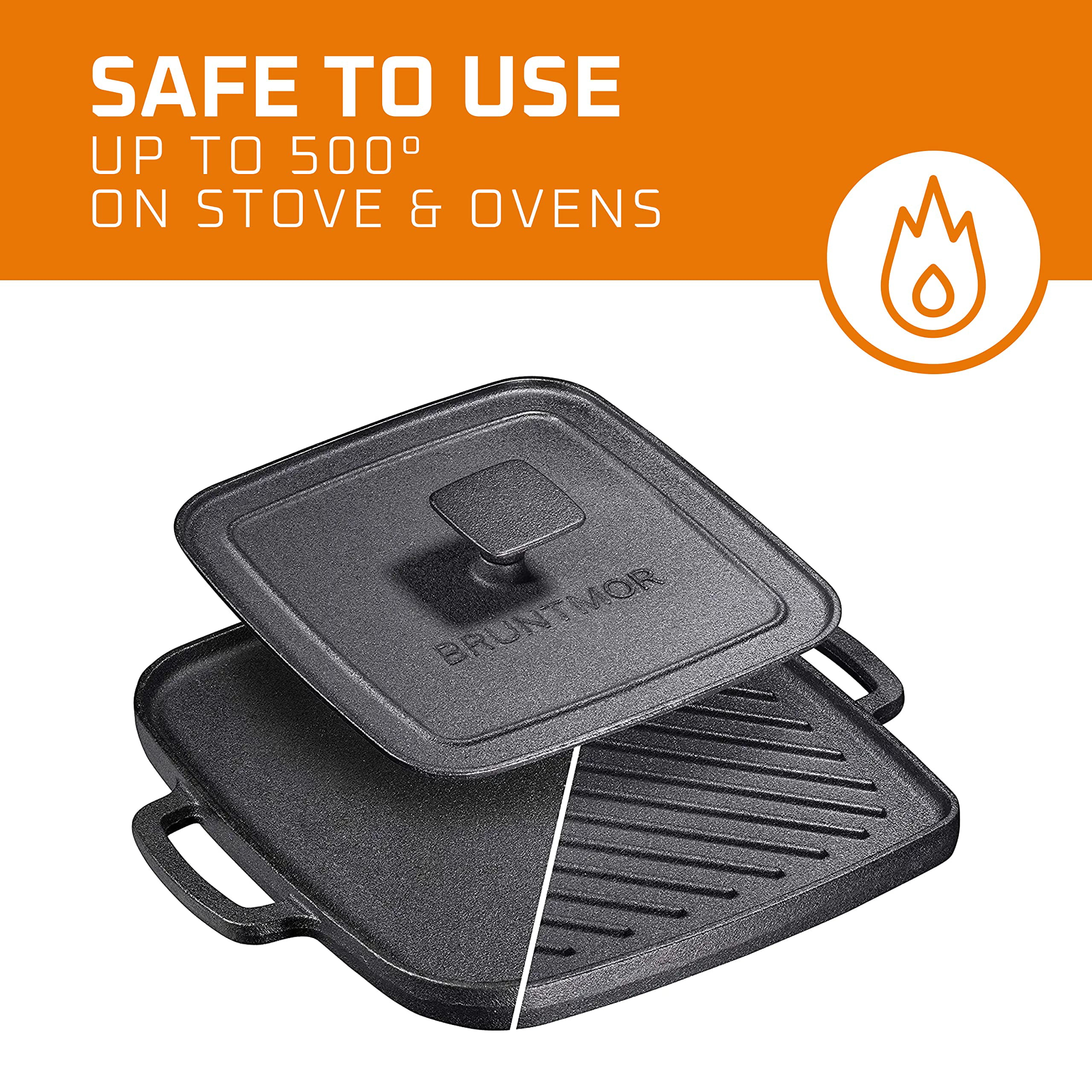 Overmont Pre-Seasoned 17x9.8 Cast Iron Reversible Griddle Grill Pan with Handles for GAS Stovetop Open Fire Oven, One Tray, Scrapers Included