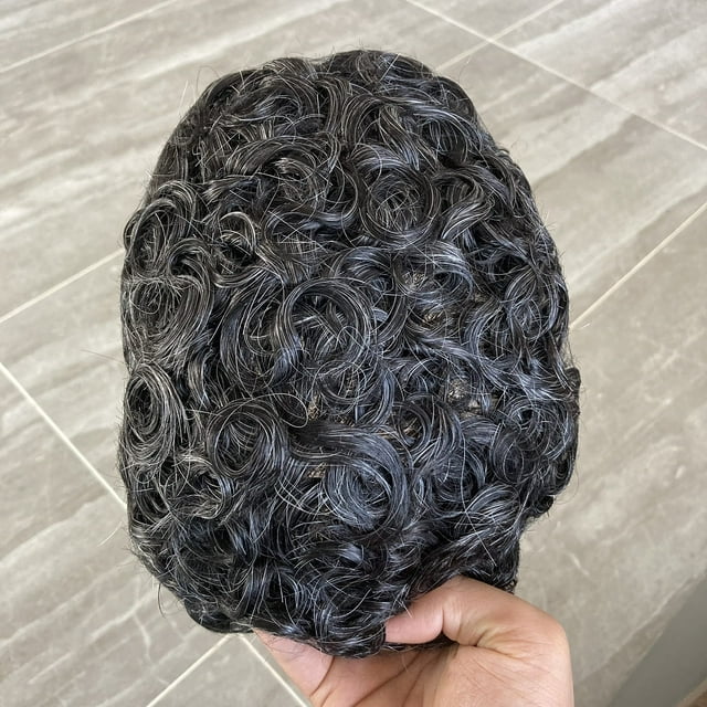 Tupé rizado de cabello humano Remy indio Simbeauty de 25 x 20 cm para hombre con sistema capilar de repuesto (n.° 1B10 (negro roto con 10 % de canas), rizo de 20 mm)