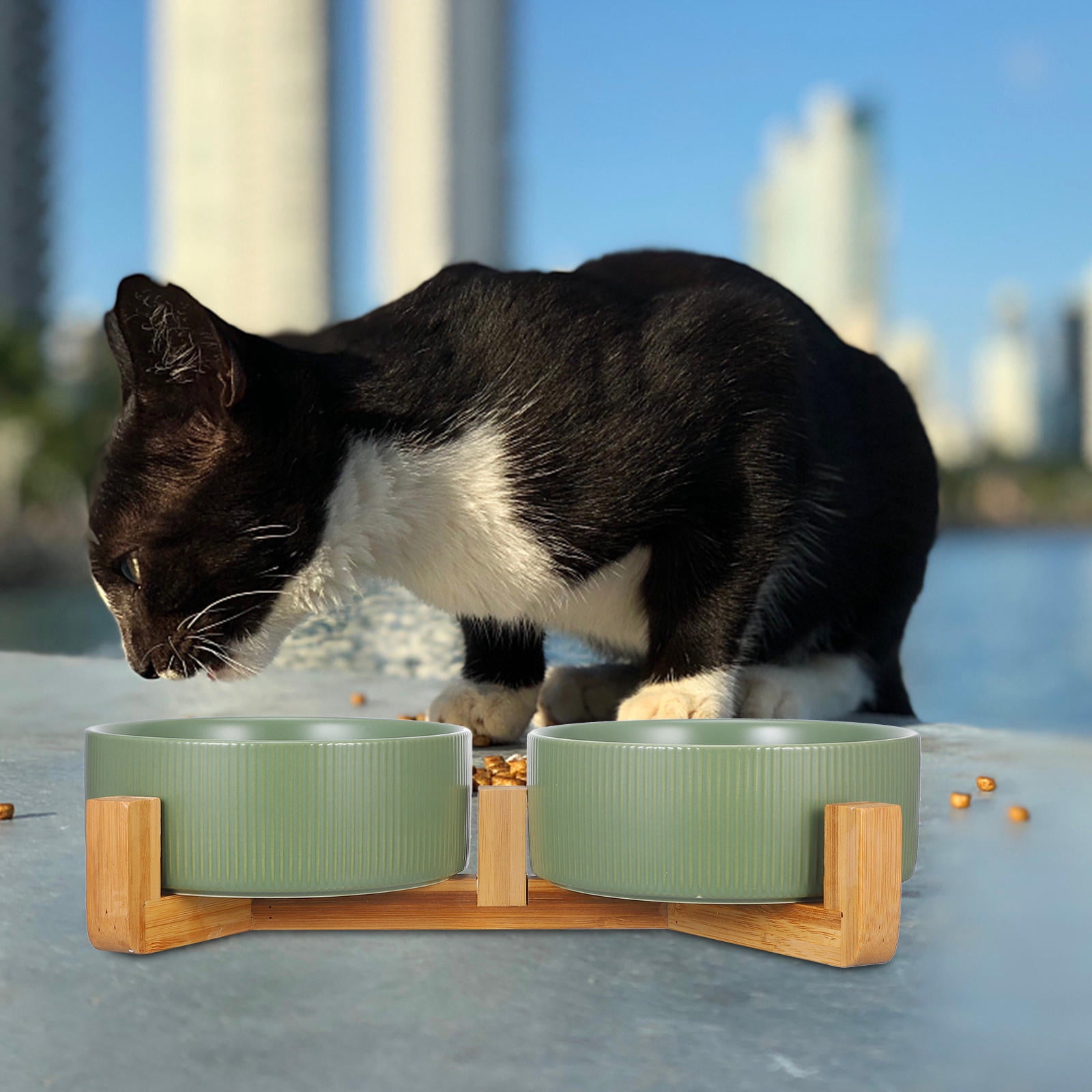 ELAYARD 1Set Elevated Dog Bowl Set with Ceramic Bowls and Space Saving Wooden Stand for Year Round Pet Feeding