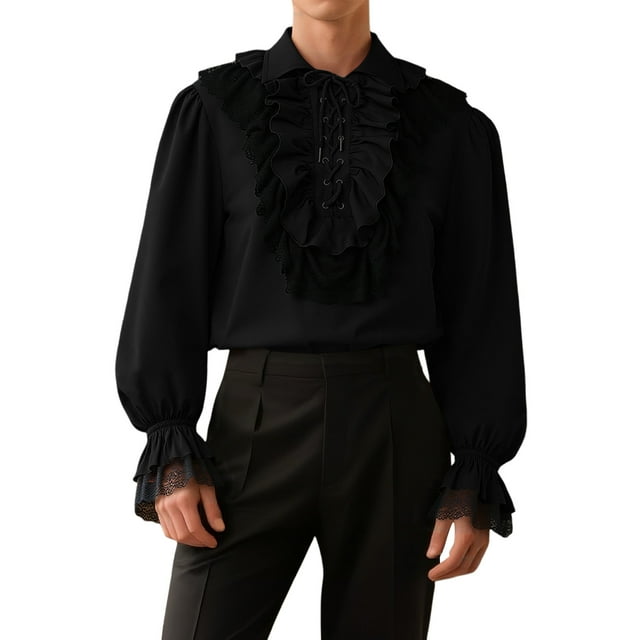 SHIXIAOO Men's Long Sleeve Ruffled Drawstring Neckline Shirt for Stage Show Performance Comfortable Formal Dress Shirt Men S Long Sleeve Shirts Mesh Shirt Men Sleeve Pajama Mens Metallic Shirt Long