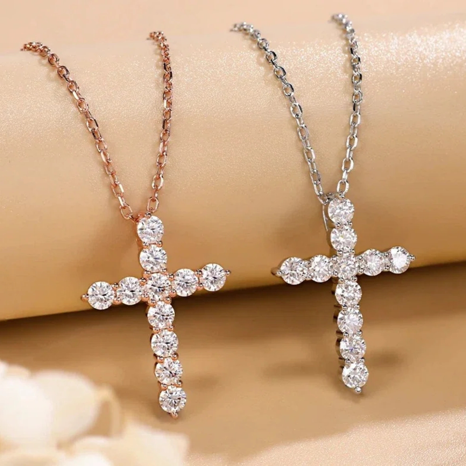 SFTING 14K White Gold Plated Zirconia Rose Gold Cross Faith Pendant Necklace for Women with 925 Silver