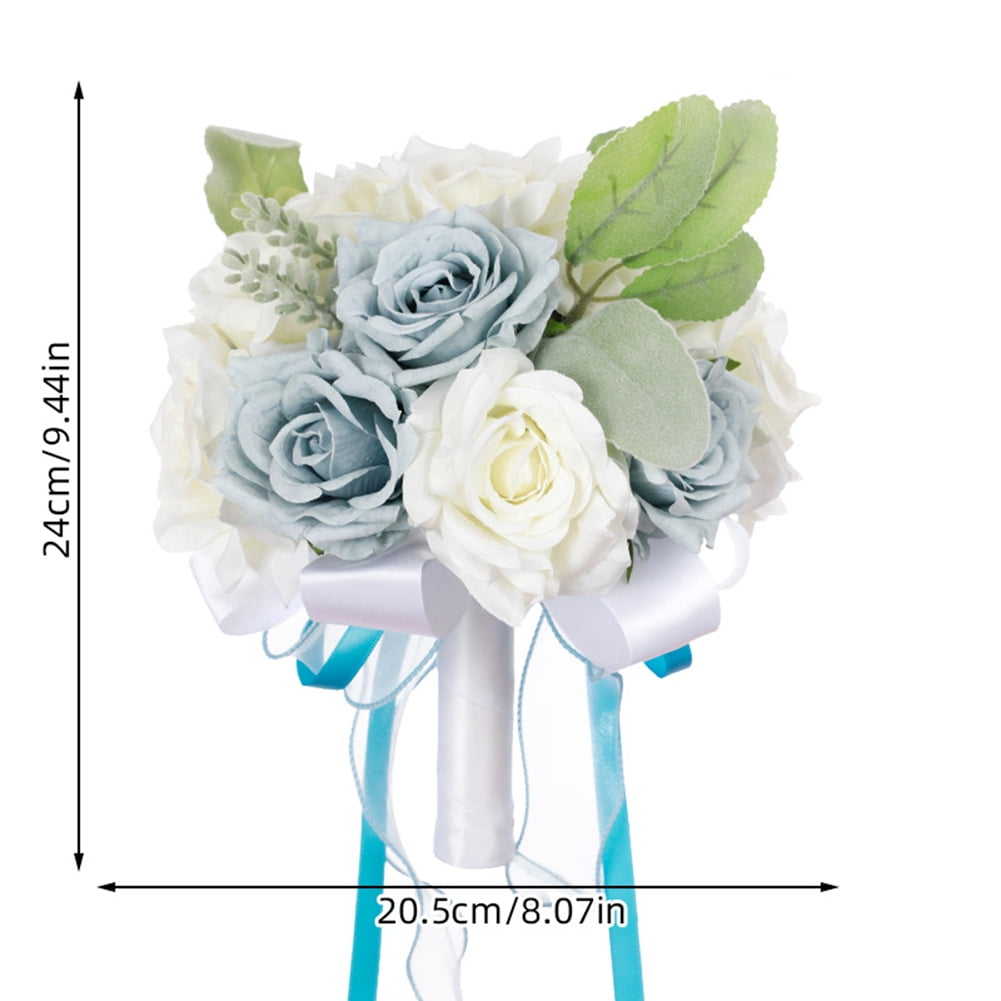 HUONA Rose Bridal Bouquet Bride Bouquet Simulated Rose Flowers Artificial Rose Bouquet Wedding Bouquet for Bride and Bridesmaid Wedding Photos Honeymoon Travel Holiday Gifts White -Light Blue