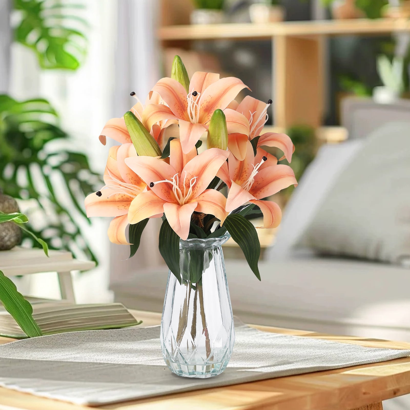 6 Pcs Artificial Tiger Lily Real Touch Easter Lily Fake Spring Flowers with Vase, for Indoor Outdoor Home Decor, Wedding Centerpieces, Cemetery Memorial Flowers