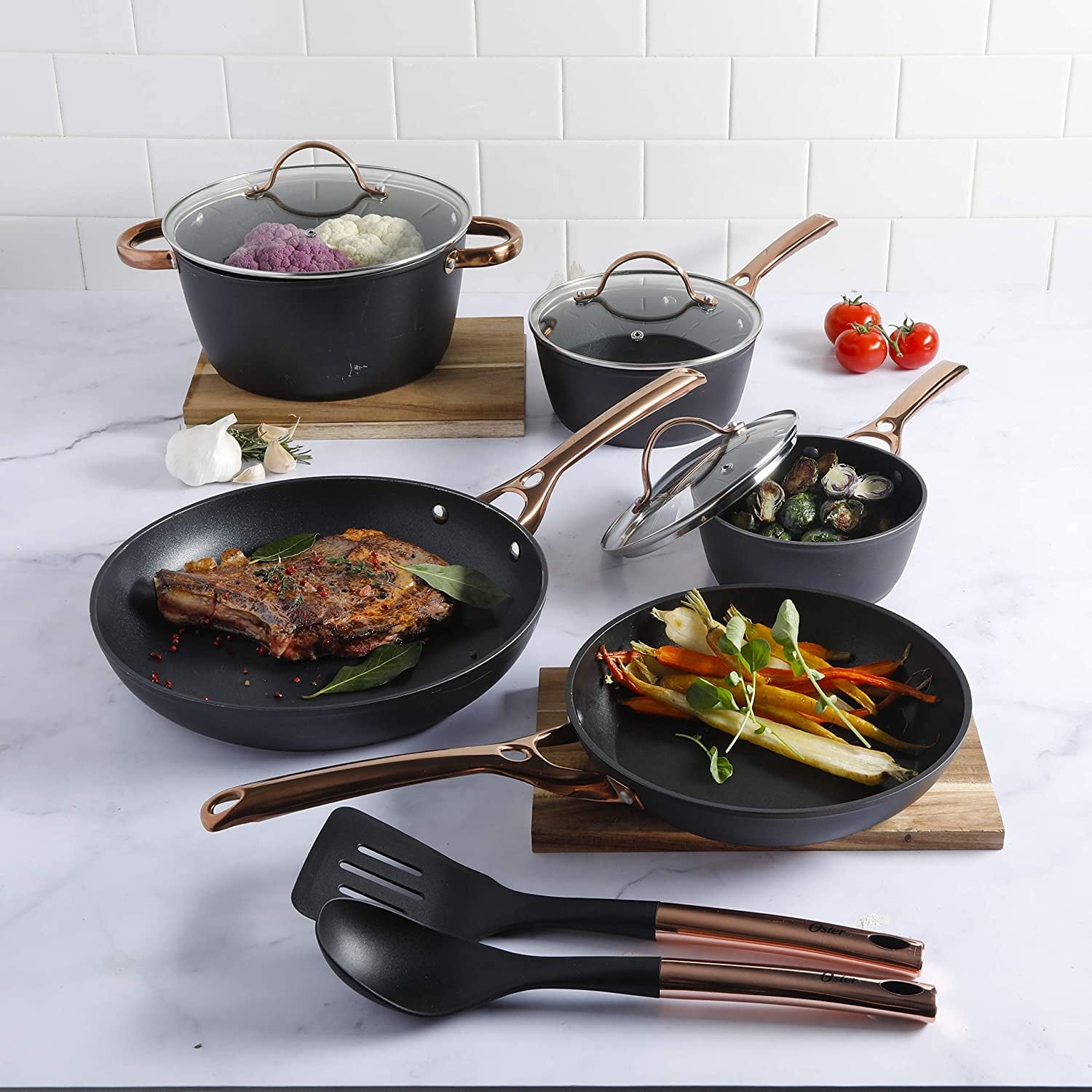 Mainstays 10-Piece Nonstick Cookware Set, Matte Black Rose Gold Handles