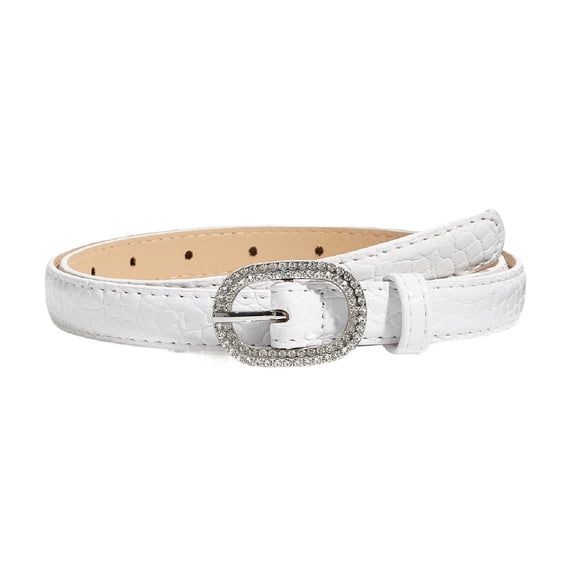 SWSMCLT Women's Faux Leather Adjustable Belts Rhinestone Belt Skinny Vintage Fashion Metal BuckleBuckle Groove Belt White X-Small-Large