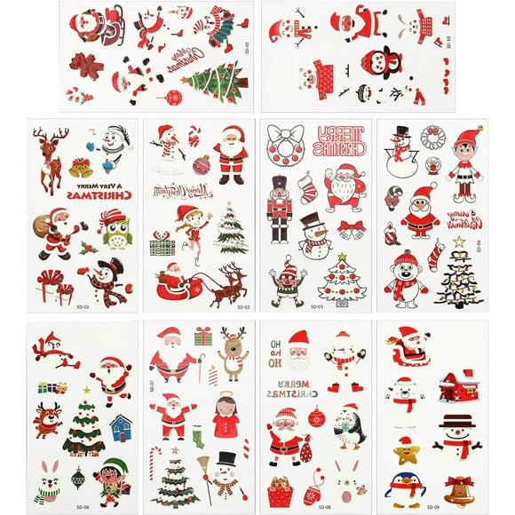10 Sheets Christmas Tattoo Sticker Luminous Temporary Tattoo Luminous Tattoo Sticker Holiday Deer Tattoo Christmas Tree Santa Claus Cartoon for Party Kids