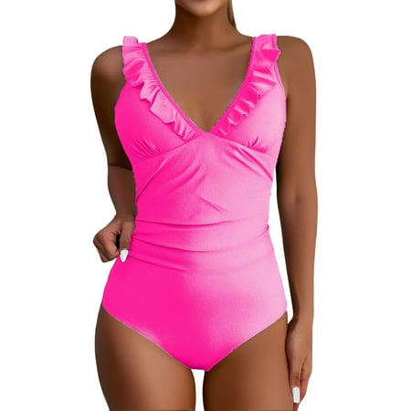 Biziza Basic Trendy One Piece Swimsuit for Women Pink Ruffled with Built in Bra Padded Solid Color 2025 Tummy Control Swimsuits Spandex Ruffle Mock Turtleneck Bathing Suits