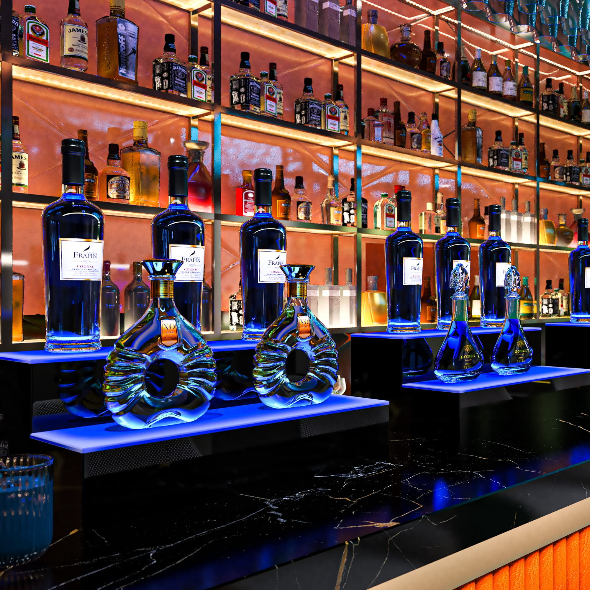 Dextrus LED Lighted Liquor Bottle Display Shelves 2-Step 16-inch Supports USB & Power Bank, Acrylic Mounted Whiskey Rack Stand with Remote & App Control