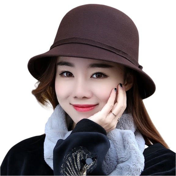 Elegant Wool Felt Cloche Hat for Women Vintage British Style Dome Bucket Hat Retro Fisherman Cap Coffee