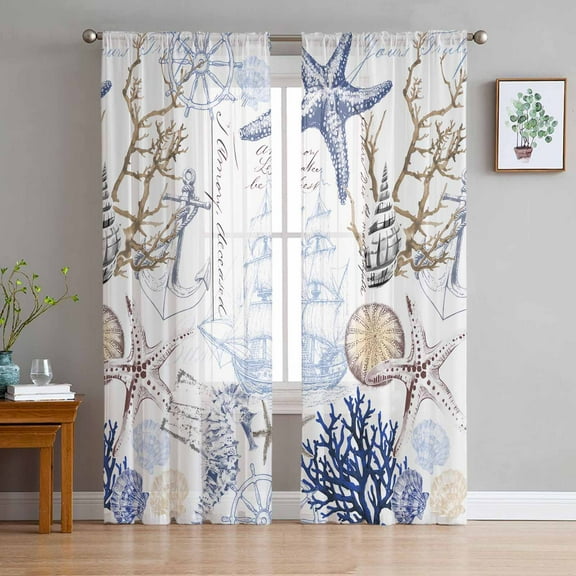 Blue Brown Coastal Semi Sheer Curtains 96 Inch Length 2 Panels Set, Summer Beach Nautical Coral Starfish Sheer Kitchen Curtain Privacy Voile Window Curtain for Living Room Bedroom Rod Pocket Drapes