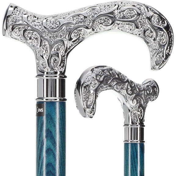 Royal RC Canes Super Strong Scrollwork Handle with Silver- Plating and Blue Denim Shaft canes for Men and Women