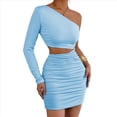 thumbnail image 1 of Vestido Mini de Cóctel con Volantes y Larga para Mujer, Moda 2025, con Hombros Descubiertos y Caderas Estrechas. Azul L, 1 of 10