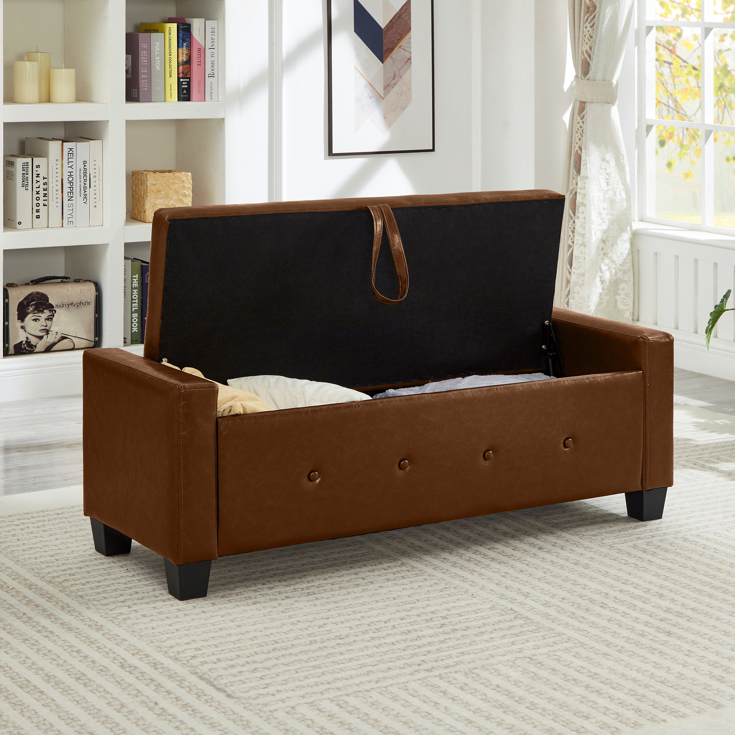 Faux Leather (PU) Storage Ottoman Bench, Features Tufted Upholstery and a Lift-Top for Spacious Hidden Storage, Multi-Purpose Bench for Any Room, Brown (48"L x 18.1"W)