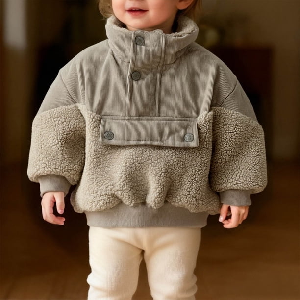 Blusa y camisa de cuello alto de manga larga para niños Sudadera con capucha de color sólido con cuello alto grueso Suéter de pelo de cordero grueso con retazos de manga larga Top de poliéster para ni