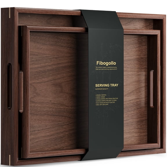 Fibogollo Set of 2 Walnut Wooden Serving Tray with Handles,Decorative Trays Platter,Breakfast Tray in Bed,Large Coffee Table Tray,Food Drinks Trays for eating,Working,Storing