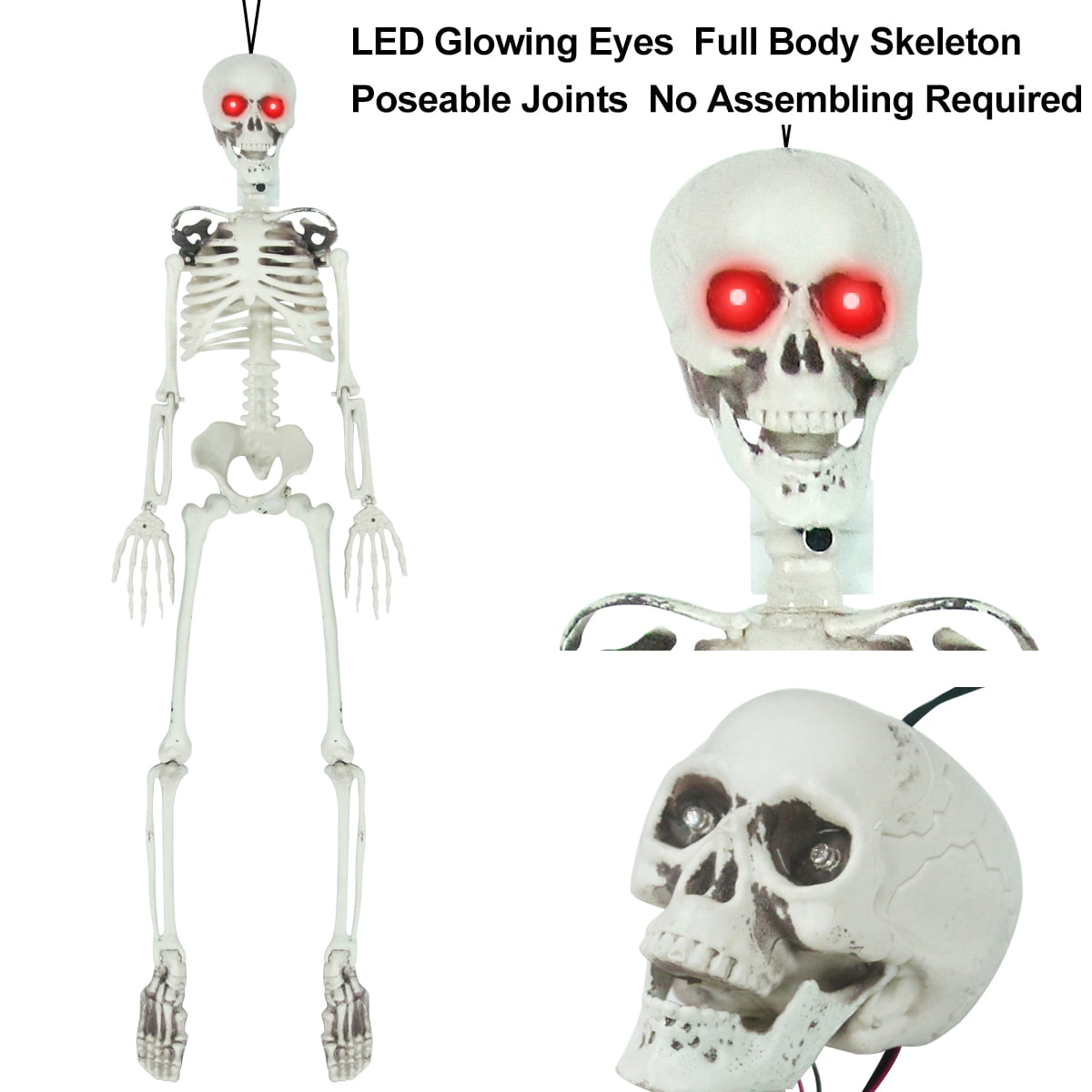 Sound Activated Halloween LED Skeleton Decorations 3FT Halloween Hanging Posable Skeleton Large Life-size Halloween Prop Skull with LED Glowing Eyes and Creepy Shrilling Sound 