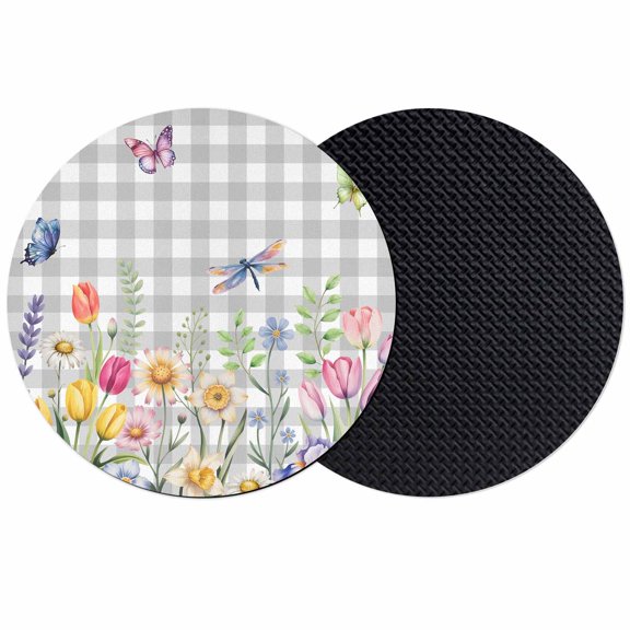 Wildflowers Coasters Set of 2, Absorbent Coasters for Drinks, Spring Watercolor Tulip Floral Leaf Grey Plaid Coaster for Desk Coffee Table Protection, Home Decor House Warming Gifts 4"