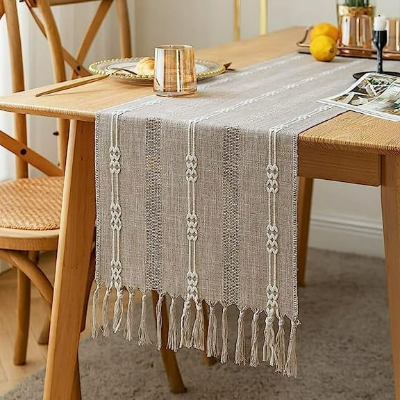 NAMZI Farmhouse Table Runner, Rustic Table Runners 72 Inches Long, Linen Boho Table Runner, Braided Striped Coffee Table Runner for Dining Party Holiday, 14x72 Inches, WideHollow Pale Taupe