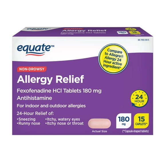 Equate Non-Drowsy Allergy Relief Fexofenadine 180mg Caplets, 15 Count