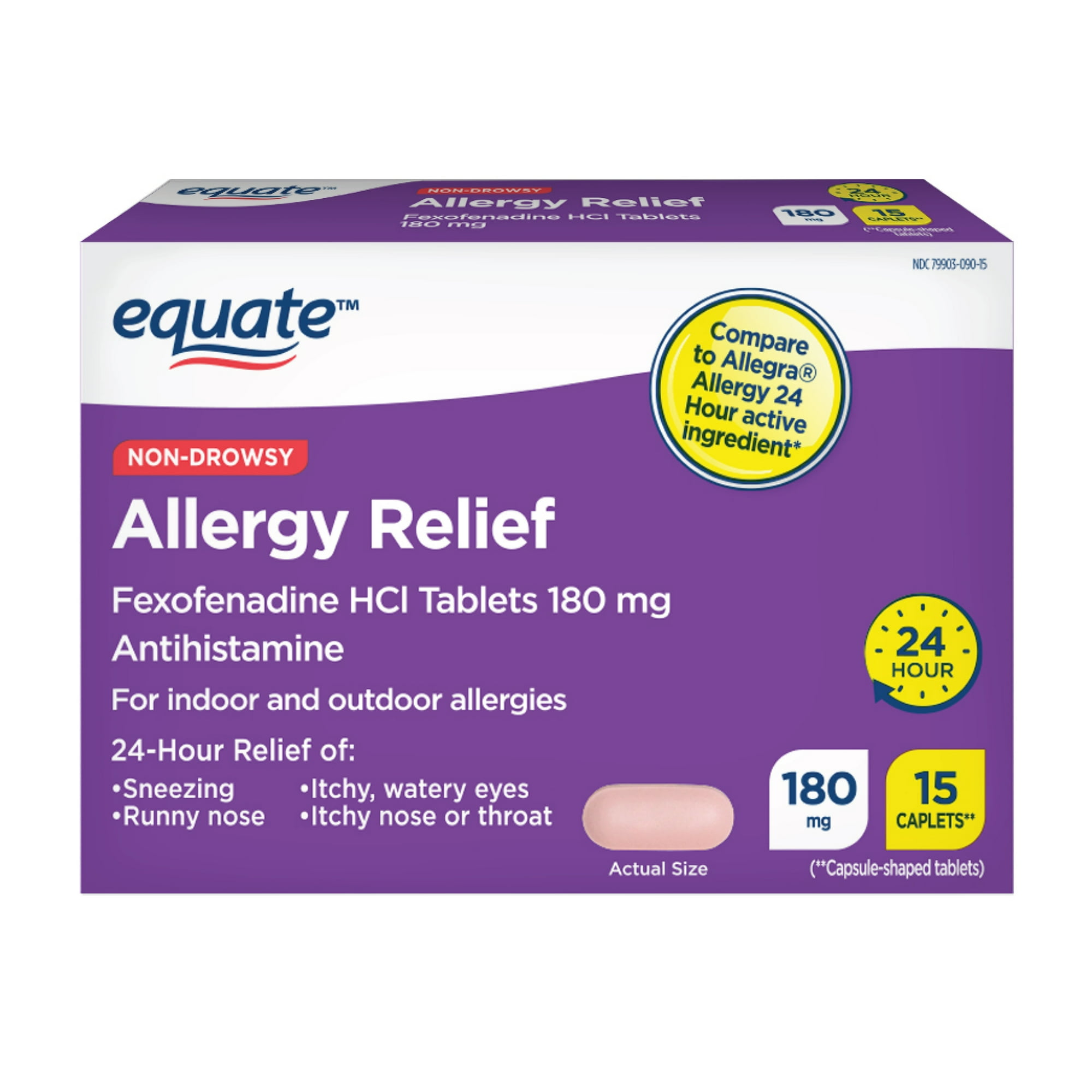 Equate Non-Drowsy Allergy Relief Fexofenadine HCL 180mg Caplets, 15 Count