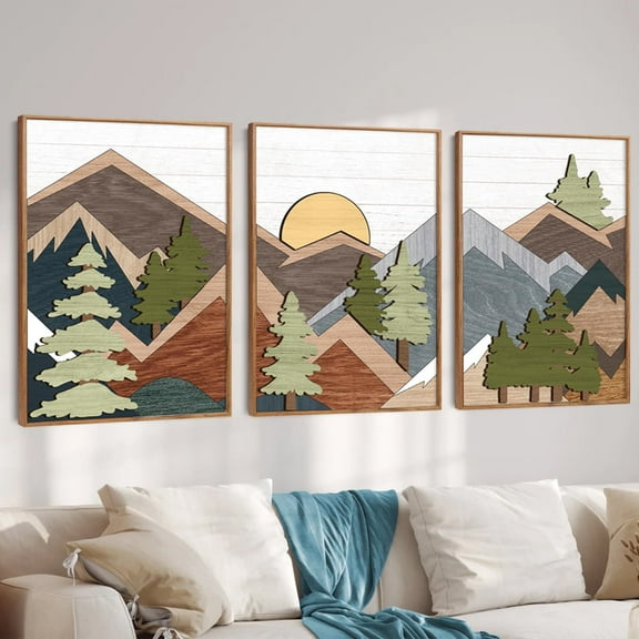 Wooden Mountain Wall Art Decor Framed 3D Forest Landscape Wall Decor (16X24) Vintage Nature Wilderness Woodland Wall Art Mid Century Modern Sunrise Wooden Cut Decor For Farmhouse Bedroom Living Room