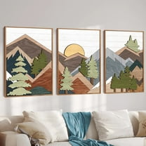 Wooden Mountain Wall Art Decor Framed 3D Forest Landscape Wall Decor (16X24) Vintage Nature Wilderness Woodland Wall Art Mid Century Modern Sunrise Wooden Cut Decor For Farmhouse Bedroom Living Room
