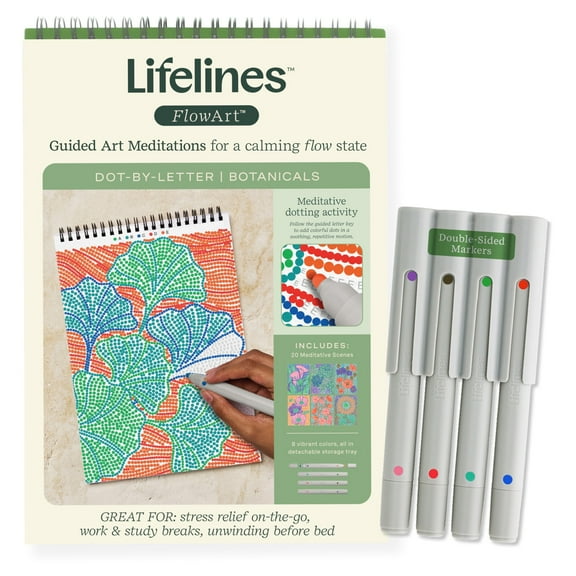 Lifelines FlowArt Dot-by-Letter Activity Pad, Guided Dot Art Meditations with 4 Double-Sided Markers, Botanicals, 20 Pages